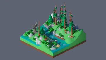 3D low poly mountain wilderness scene with tall evergreen trees, stream, rocks, and natural forest environment for outdoor adventure games