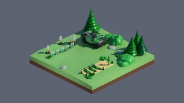 3D low poly military outpost scene with vehicles, soldiers, communication equipment, and defensive structures in green landscape setting