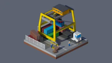 3D low poly industrial container port with cargo cranes, shipping containers, trucks, and logistics operations in isometric view