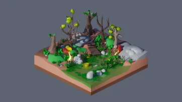 Low poly 3D isometric forest scene with waste barrels, trees, rocks and wooden bridge - part of Worlds Casual pack