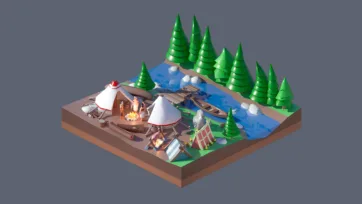 3D low poly wilderness camping scene with tents, campfire, evergreen forest, lake, and outdoor adventure elements for nature exploration games