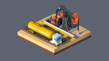 3D low poly industrial oil drilling site with pump jacks, tanker trucks, pipelines, and petroleum extraction equipment in desert environment