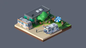 3D low poly RV camping scene with recreational vehicles, outdoor furniture, and family camping lifestyle in natural park setting