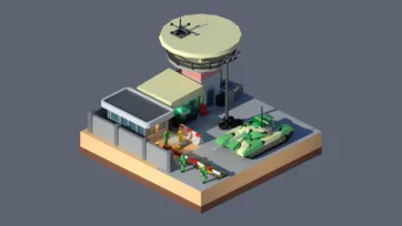 3D low poly military airfield base with control tower, aircraft, vehicles, and aviation infrastructure for tactical game environments
