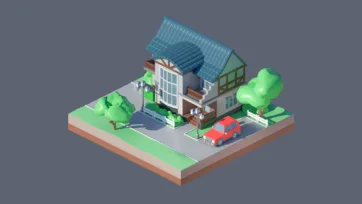 3D low poly modern residential house with tiled roof, driveway, landscaping, and contemporary suburban architecture in isometric view