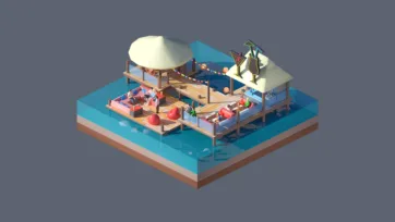 3D low poly pirate ship dock with wooden pier, sailing vessel, nautical equipment, and maritime adventure elements in tropical waters