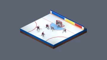 3D low poly ice hockey rink scene with players, goal nets, and arena elements for winter sports game environments