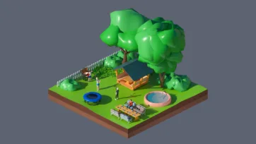 3D low poly backyard recreation area with large trees, trampoline, pool, picnic table, and family outdoor activity elements