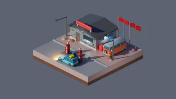 3D low poly vintage gas station scene with retro cars, fuel pumps, and roadside Americana elements in mid-century automotive setting