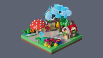 3D low poly enchanted fairy tale village with mushroom houses, magical flowers, and whimsical fantasy elements for children's game environments