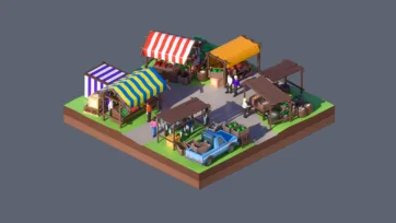 3D low poly outdoor marketplace with colorful vendor stalls, shoppers, and commercial activity in town square isometric setting