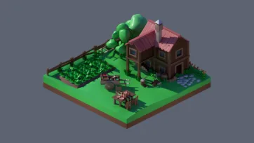 3D low poly rural farmhouse scene with vegetable garden, barn, farming equipment, and countryside landscape for agricultural game environments