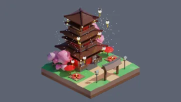 3D low poly Japanese temple complex with traditional pagoda architecture, cherry blossoms, lanterns, and garden elements in cultural setting