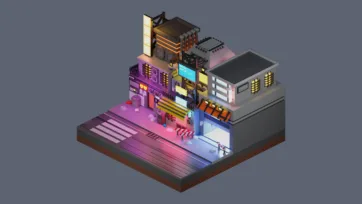 3D low poly cyberpunk city district with neon lights, futuristic buildings, and urban nightlife scene in isometric game environment style