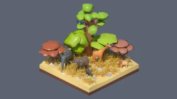 3D low poly African safari savanna scene with acacia trees, wildlife animals, and grassland environment in stylized game art design