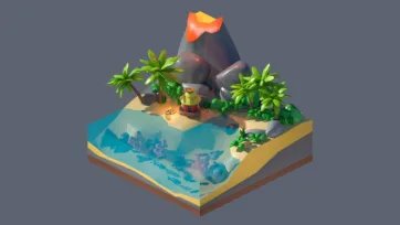 3D low poly tropical volcanic island with active volcano, palm trees, marine life, and underwater coral elements in isometric perspective