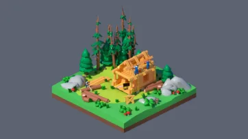 3D low poly forest construction site with log cabin building, workers, trees, and construction materials in woodland setting for casual games