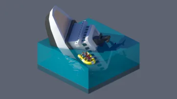 3D low poly shipwreck rescue scene with sinking cruise ship, life raft, and survivors in ocean water isometric view for adventure game environments