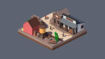 3D low poly Western frontier town scene with saloon, buildings, water tower, and character figures in desert isometric environment for Worlds Casual pack