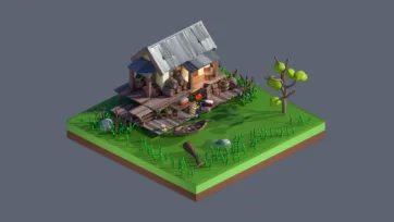 3D low poly swamp house scene with wooden structures, cattails, and rustic bayou environment elements