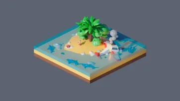 3D low poly tropical island crash site with palm tree, plane wreck, sharks, and survival elements