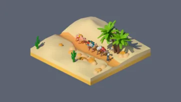 3D low poly desert oasis scene with camels, palm tree, and sand dunes in Middle Eastern landscape style