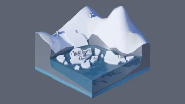 3D low poly antarctic iceberg scene with penguins, ice formations, and polar wildlife in isometric view