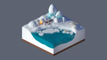 3D low poly arctic scene with igloos, ice formations, polar bears, and frozen landscape elements