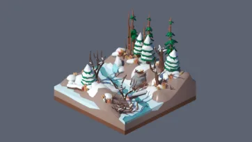 3D low poly winter mountain scene with bare trees, snow drifts, and stream in minimalist style