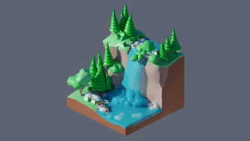 3D low poly mountain waterfall scene with evergreen trees, rocks, and natural landscape in isometric perspective