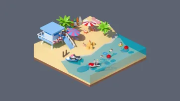 3D low poly beach resort scene with surfboards, umbrellas, palm trees, and water activities in tropical setting