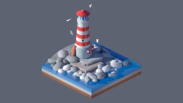 3D low poly lighthouse scene with coastal rocks, seagulls, and maritime elements on small island platform