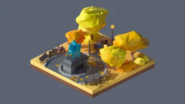 3D low poly autumn park scene with monument, trees, and small figures in golden stylized environment design