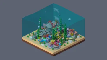3D low poly underwater coral reef scene with marine life, seaweed, and ocean floor elements in isometric view
