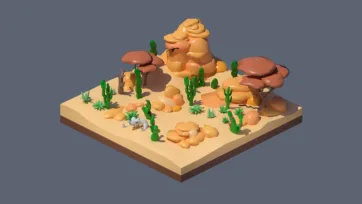 3D low poly desert canyon scene with rock formations, cacti, and small animal figures in stylized isometric perspective