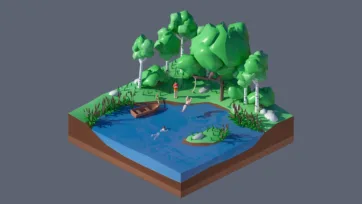 3D low poly lakeside nature scene with trees, boat, swimming figures, and natural landscape elements for casual game environments