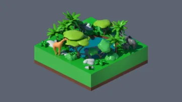 3D low poly jungle safari scene with stylized animals, lush vegetation, and water elements in isometric game art style