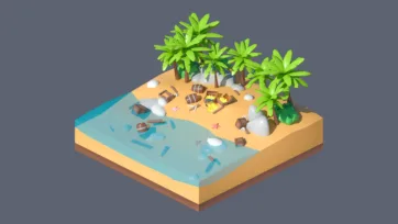 3D low poly desert island scene with palm trees, treasure chests, and beach elements in isometric view for adventure game environments