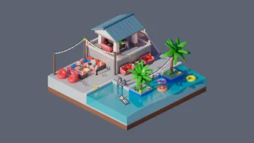 3D low poly tropical resort scene with pool, palm trees, beach house, and leisure furniture in isometric perspective for casual gaming environments