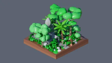 3D low poly forest environment scene with stylized trees, rocks, and small character figures in isometric view for Worlds Casual game asset pack