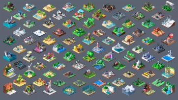 Collection of 3D low poly isometric world scenes including forests, cities, beaches, mountains, and various themed environments