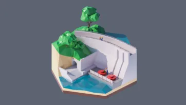 3D low poly hexagonal hydroelectric dam with concrete structure, water reservoir, green hills, engineering infrastructure, and renewable energy facility