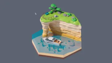 3D low poly hexagonal coastal cliff scene with motorboat, layered rock formations, seagull, ocean water, and scenic maritime landscape