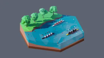 3D low poly hexagonal competitive rowing race with multiple boats, rowers, river course, trees, and water sports championship event