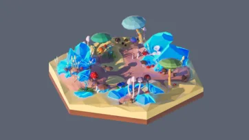 3D low poly hexagonal mushroom fantasy forest with giant fungi, blue crystals, magical atmosphere, and whimsical fairy tale environment