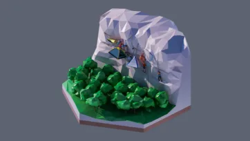 3D low poly hexagonal mountain climbing expedition with snowy peak, colorful tents, climbers, equipment, and alpine adventure challenge