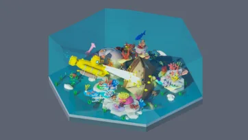 3D low poly hexagonal underwater shipwreck exploration with sunken vessel, submarine, coral reef, marine life, and deep sea diving