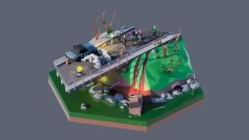3D low poly hexagonal disaster response scene with emergency vehicles, crashed plane, forest fire, rescue workers, and crisis management