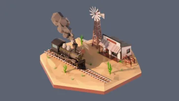 3D low poly hexagonal wild west frontier town with steam locomotive, train station, windmill, buildings, and American railroad expansion