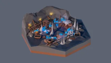 3D low poly hexagonal underground crystal mine with blue gems, mining equipment, torches, workers, and subterranean treasure excavation